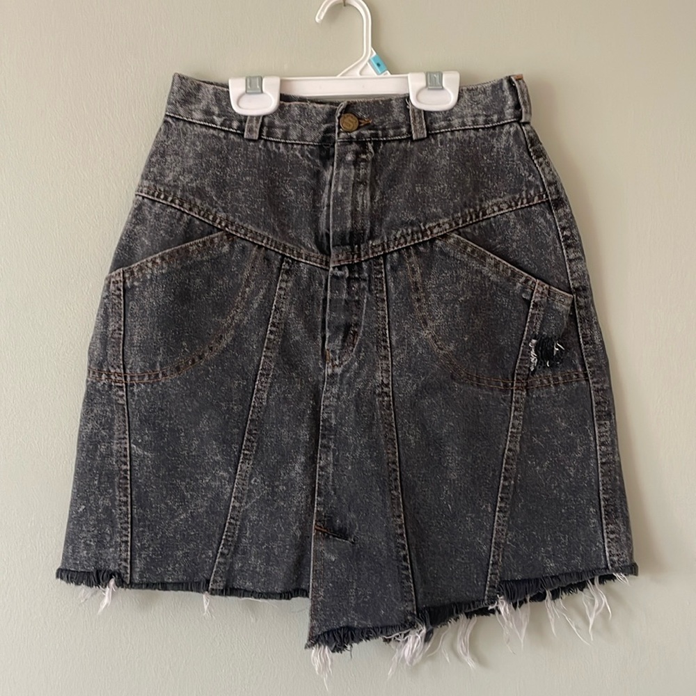 vintage asymmetrical distressed black acid wash denim skirt
